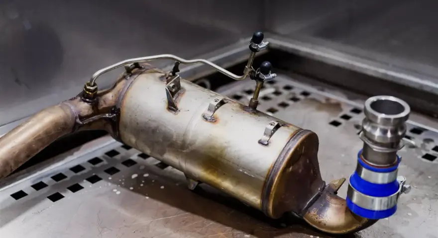 Metalowy element układu wydechowego, prawdopodobnie zapchany dpf, leży na metalowej powierzchni.