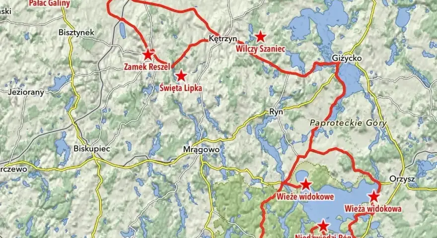 Trasa motocyklem przez Mazury: Pałac Galiny, Zamek Reszel, Święta Lipka, Wilczy Szaniec, Giżycko, Wieże widokowe.