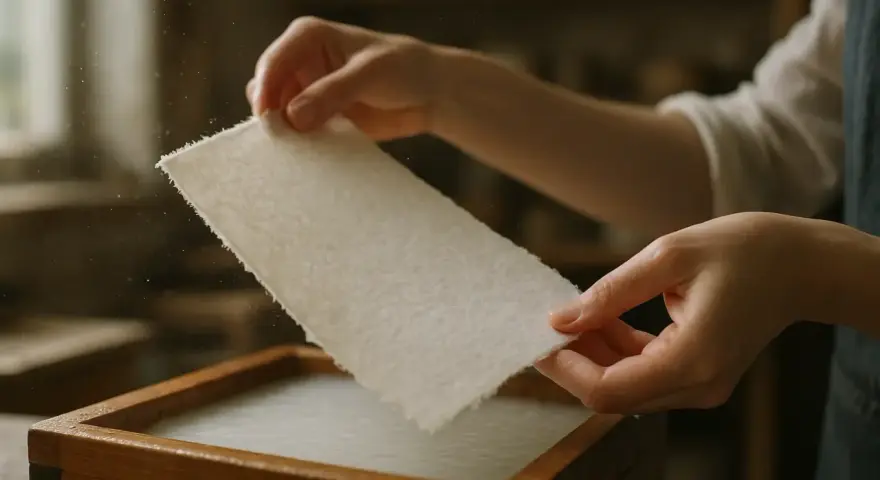 Ręce wyjmują świeżo wykonany papier czerpany z drewnianej ramy. Proces tworzenia papieru czerpanego jak zrobić jest fascynujący.