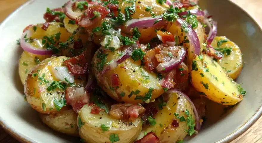 En skål med tysk potatissallad, full av potatis, rödlök, knaperstekt bacon och färsk persilja.