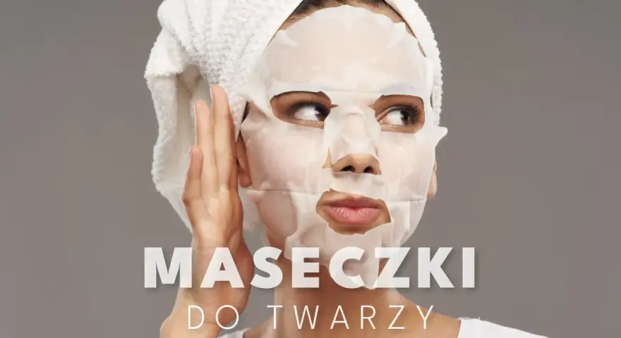Kobieta z ręcznikiem na głowie stosuje maseczkę na niedoskonałości. Tekst: "MASECZKI DO TWARZY".