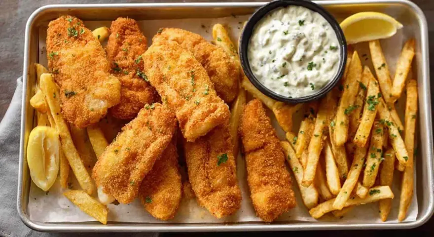 Idealny Fish and Chips przepis: chrupiące ryby w panierce, złociste frytki, sos tatarski i cytryna na tacy.
