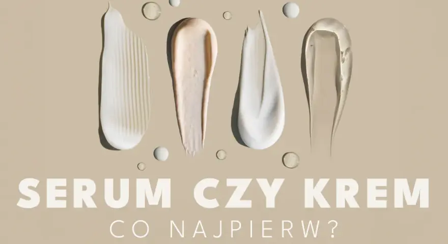 Smugi kremów i serum na beżowym tle. Czy na serum trzeba nakładać krem? Tekst: SERUM CZY KREM CO NAJPIERW?