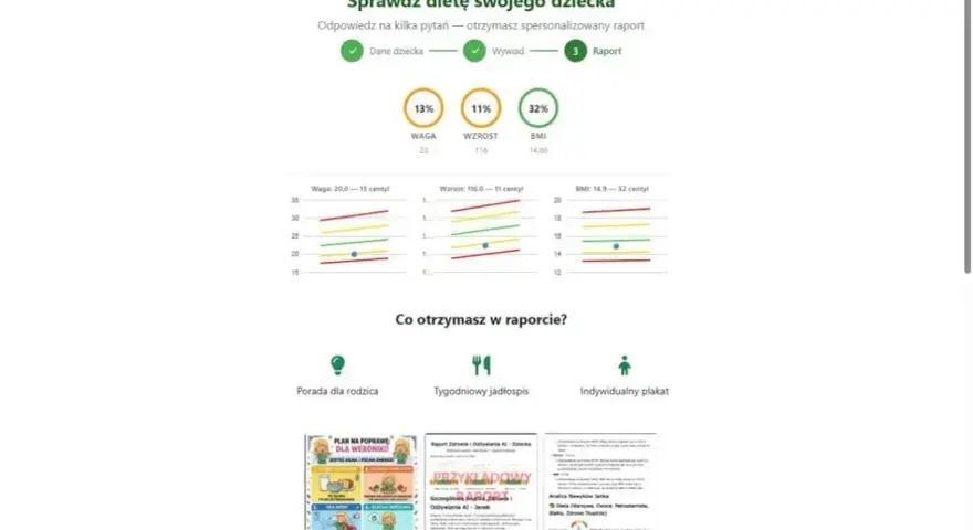 Wykresy pokazują, ile powinno ważyć dwuletnie dziecko, jego wzrost i BMI. Raport zawiera porady, jadłospis i plakat.