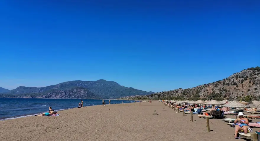 Słoneczna plaża w Sarigerme, z turkusowym morzem, górami w tle i rzędami leżaków pod słomianymi parasolami.