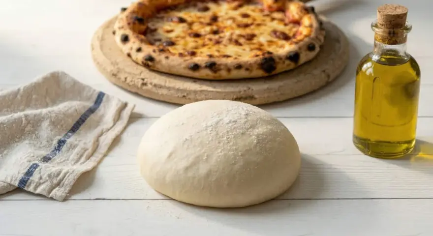 Świeże ciasto na pizzę, gotowe do pieczenia, obok butelki oliwy i upieczonej pizzy.