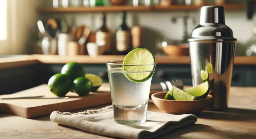Przepis na drink kamikaze: kieliszek z drinkiem, limonki, shaker i deska do krojenia. Idealny na letnie wieczory.