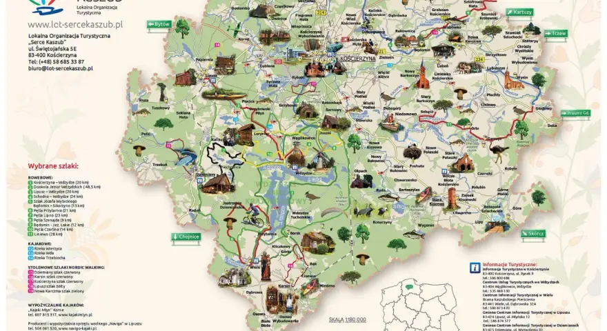 Mapa pokazuje, gdzie są Kaszuby, z zaznaczonymi szlakami rowerowymi, kajakowymi i pieszymi w powiecie kościerskim.