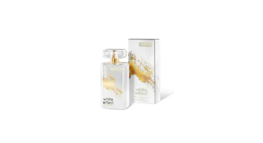 Elegancka butelka perfum Jfenzi White Effect z kartonikiem, ozdobiona złotymi pociągnięciami pędzla.