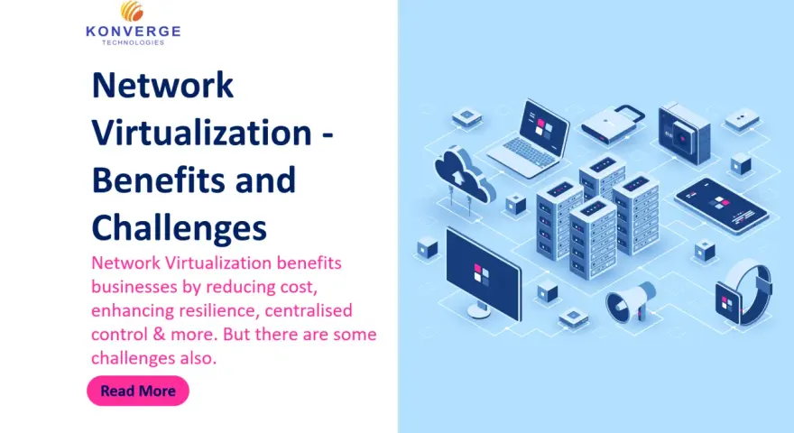 Isometric illustration showcasing network virtualization solutions, with servers, laptops, and cloud icons connected by lines.