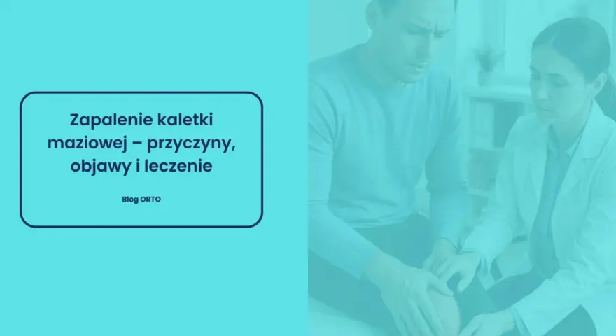 Lekarz bada kolano pacjenta. Na ekranie tekst: "Zapalenie kaletki maziowej – przyczyny, objawy i leczenie".