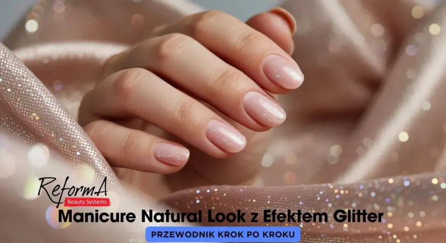Delikatne zdobienie paznokci w naturalnym stylu z efektem glitter. Dłonie prezentują subtelny manicure, podkreślony blaskiem.