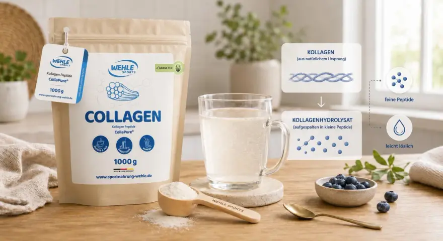 Kollagenhydrolysat: Was ist das? Das Pulver von Wehle Sports wird aus Kollagen gewonnen und in kleine, leicht lösliche Peptide aufgespalten.