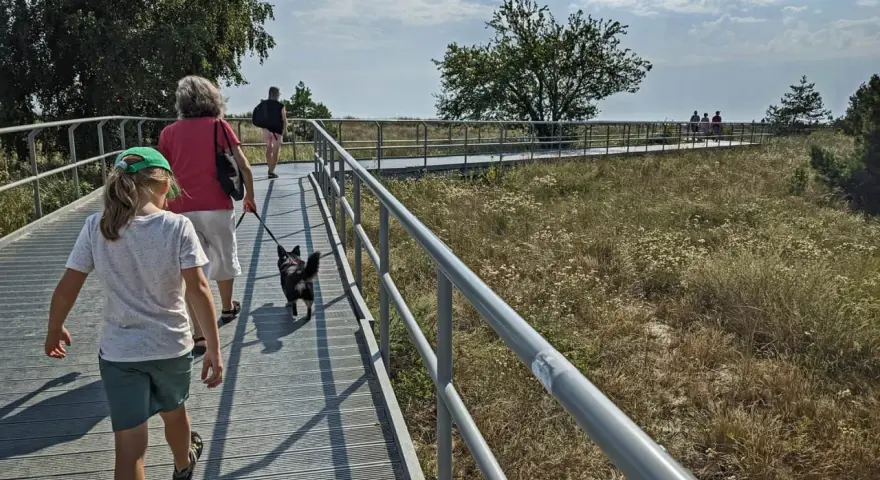 Spacer po ścieżce widokowej w otoczeniu przyrody. W oddali widać ludzi, a na pierwszym planie idzie dziewczynka z psem. To miejsce przypomina krajobraz z opowieści o kopcu Kaszubów.