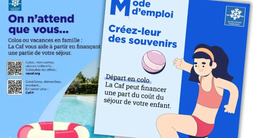 Illustration d'une jeune fille en maillot de bain, d'une bouée et d'une piscine, avec des textes sur les colonies de vacances.