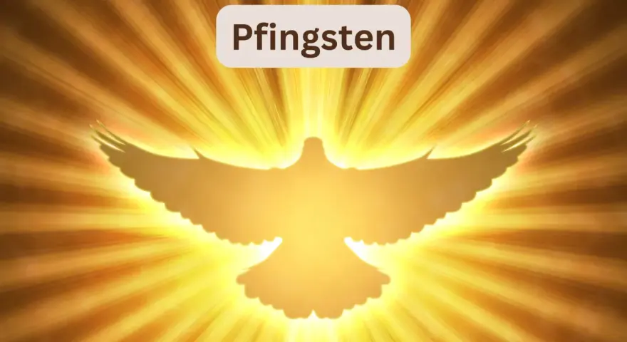 Ein leuchtender Geist in Taubenform vor goldenen Strahlen. Pfingsten 2027 – ein Symbol des Friedens und der Hoffnung.