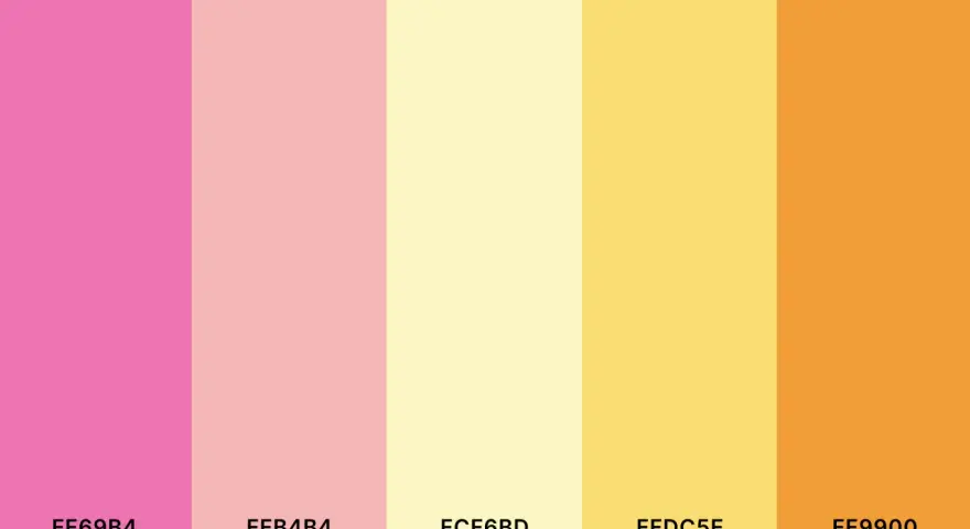 Paleta barw: od gorącego różu, przez melon, cytrynowy szyfon, musztardowy, aż po pomarańczową skórkę. Idealne do projektu z akcentem RAL 1028.