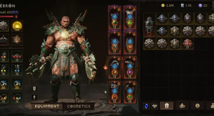 Barbarzyńca z Diablo 2, poziom 60, w potężnym pancerzu i z dwoma toporami. Jego ekwipunek sugeruje potężny diablo 2 barbarzyńca build.