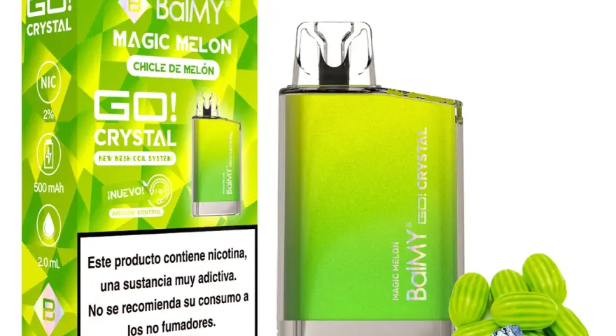Vape desechable BalMY GO! Crystal sabor Magic Melon, con chicles de melón y cubitos de hielo.