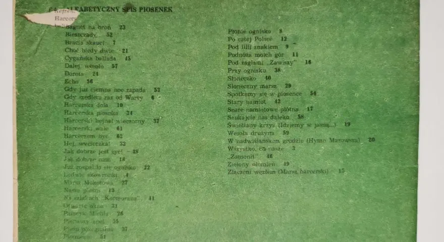 Spis piosenek turystycznych i harcerskich. "Płonie ognisko", "Harcerzem być", "Zielony płomień" i wiele innych.