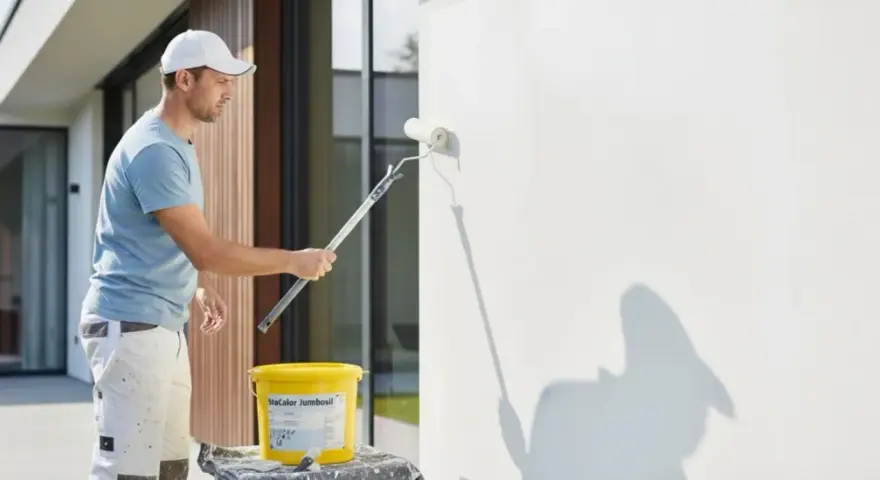 Mann streicht Fassade mit weißer Farbe. Für ein gleichmäßiges Ergebnis ist eine Grundierung notwendig.