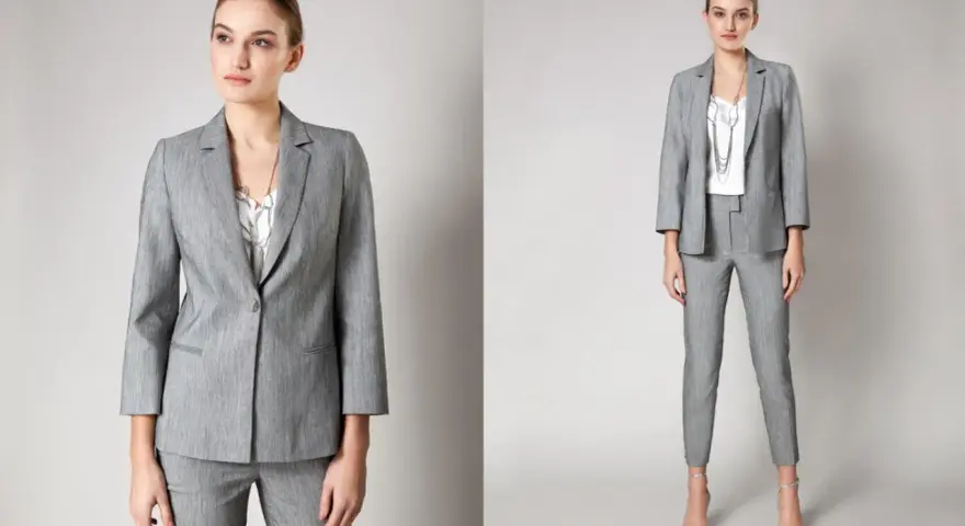Elegancki szary garnitur damski, idealny do stylizacji business formal.