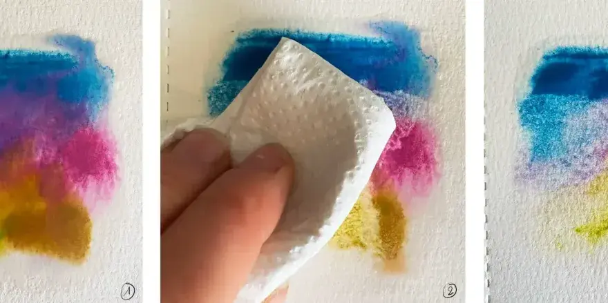 Triptyque montrant une technique d'aquarelle pour débutant : application de couleurs vives, tamponnage avec un tissu, et résultat final. Débutant dessin aquarelle facile.