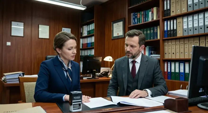 Kobieta i mężczyzna w garniturach omawiają dokumenty przy biurku. W tle regały z aktami, sugerujące sprawy dotyczące wspólności majątkowej.