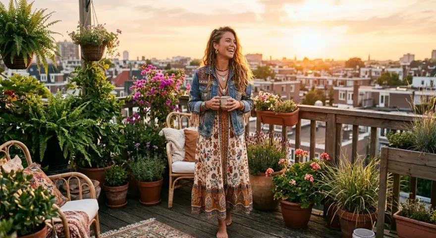 Une femme à l'allure hippie, robe fleurie et veste en jean, savoure une boisson sur un balcon fleuri, au coucher du soleil.