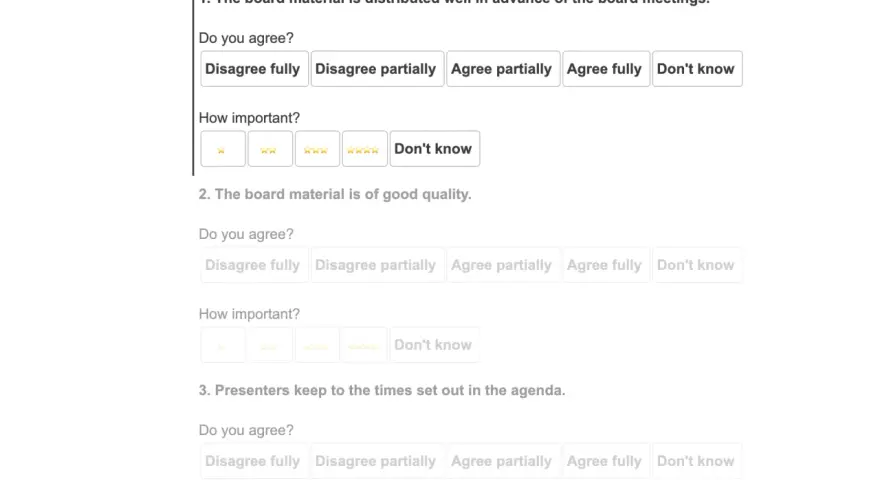 Board survey questions about meeting formalities, including distribution of materials, quality, and presenter punctuality.