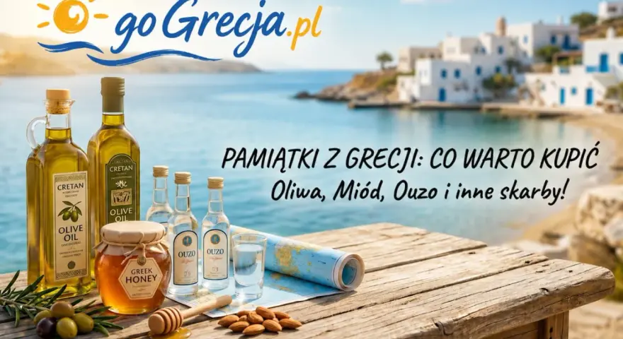 Oliwa, miód, ouzo – co przywieźć z Grecji? Pamiątki z wakacji na stole z widokiem na grecką wyspę.