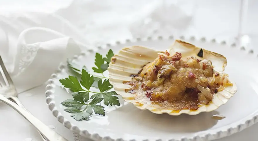 Vieiras gratinadas con tocino y perejil, servidas en su concha sobre un plato blanco.