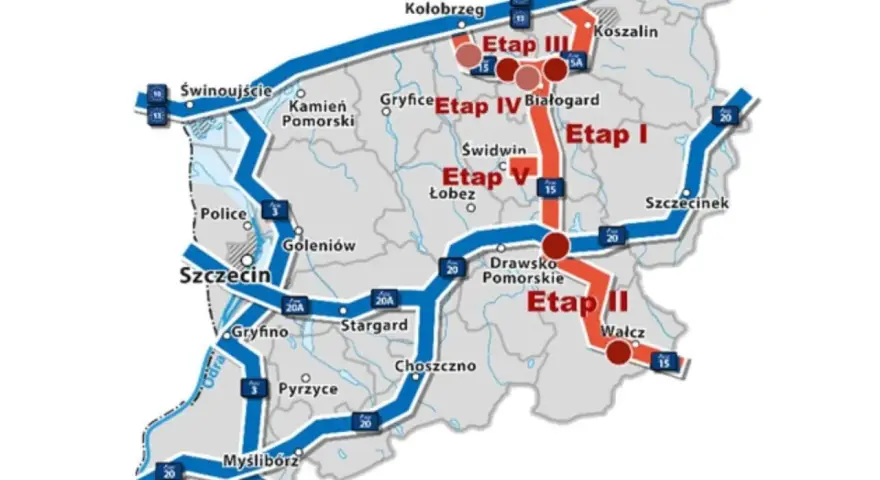 Mapa przedstawia stary kolejowy szlak podzielony na etapy I-V, z zaznaczonymi miastami jak Szczecin, Koszalin, Kołobrzeg.