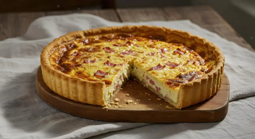Quiche Lorraine entera con una porción cortada, mostrando su interior cremoso y trozos de tocino.