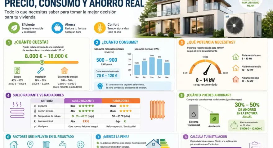 Infografía sobre aerotermia para 150 m². Explica coste, consumo y ahorro. Ideal para obtener agua caliente eficiente y sostenible.