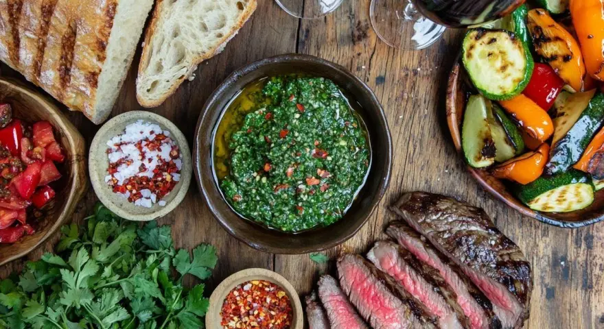 En saftig biff med grillade grönsaker, färskt bröd och en härlig chimichurri. Perfekt för en sommarkväll!