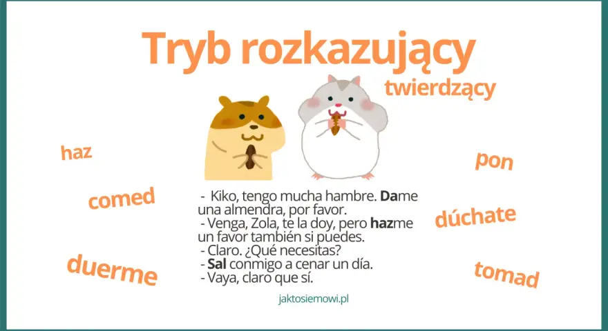Dwa chomiki ilustrują tryb rozkazujący, z przykładami jak "haz" i "duerme", które mogą być użyte w zdaniach z trybem subjonctivo presente.