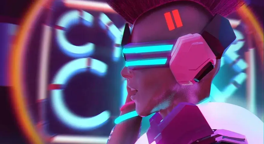 Cyberpunk-Figur mit leuchtenden VR-Brillen und Irokesenschnitt, inspiriert von OpenAI MuseNet, im Neonlicht.