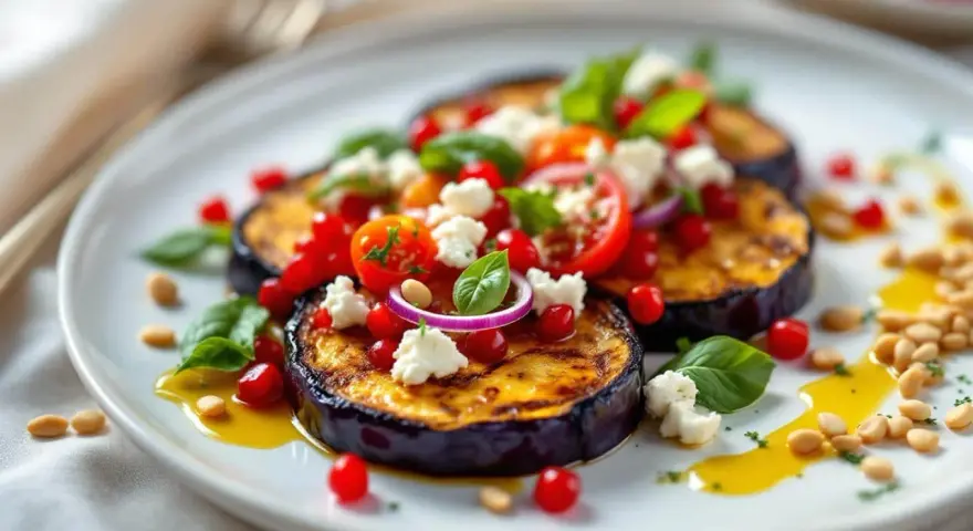 Délicieuse recette avec aubergine grillée, tomates cerises, fromage frais, grenade et pignons de pin. Un plat coloré et savoureux.