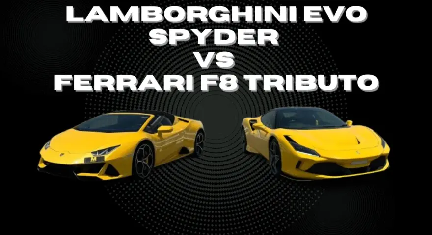 Dwa żółte supersamochody: Lamborghini Evo Spyder i Ferrari F8 Tributo.
