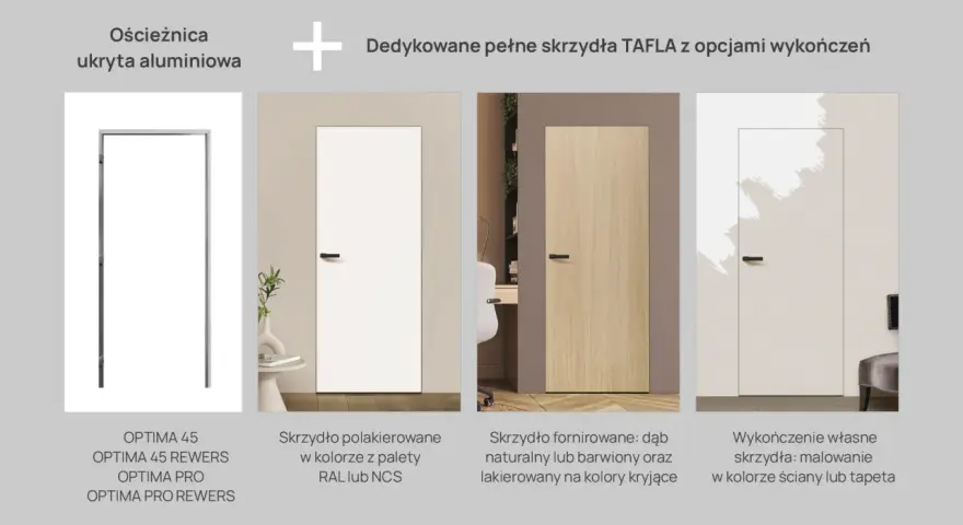 Ościeżnica ukryta aluminiowa i skrzydła drzwiowe TAFLA: lakierowane, fornirowane, malowane pod kolor ściany.