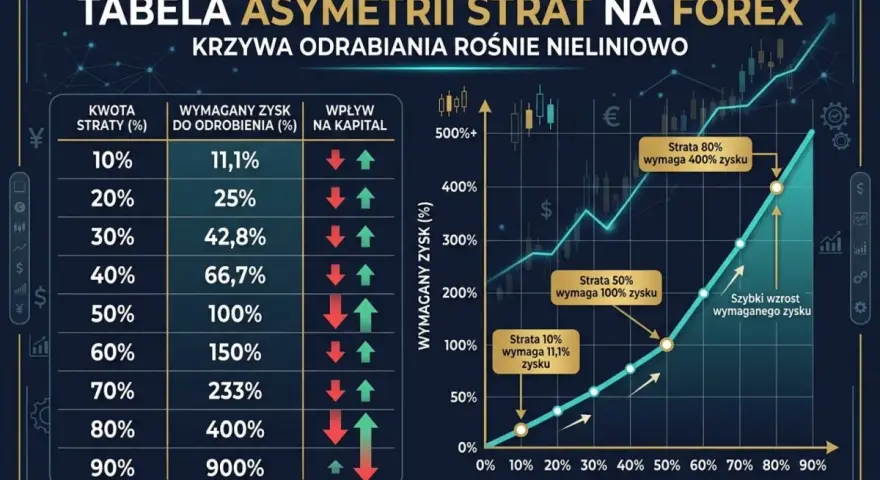Tabela asymetrii strat na forex. Pokazuje, jak rośnie wymagany zysk do odrobienia strat, ilustrując nieliniowy charakter krzywej odrabiania.
