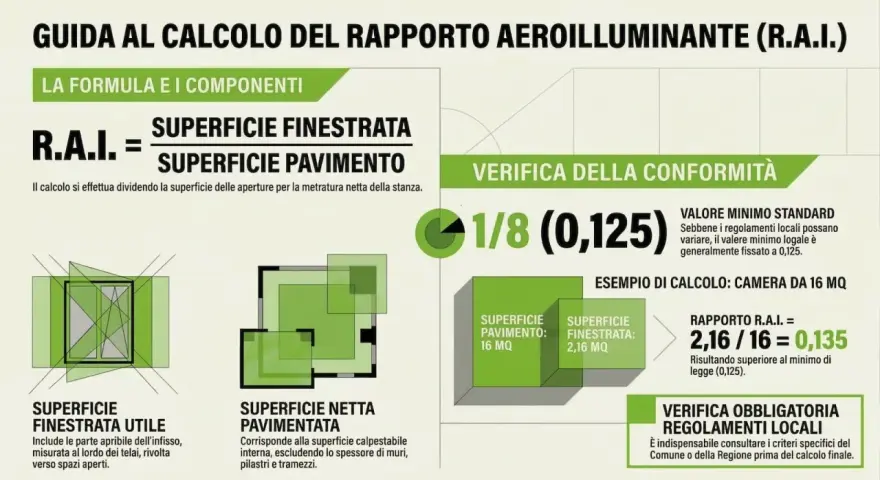 Guida al calcolo del rapporto aeroilluminante (R.A.I.). Spiega come calcolare il rapporto tra superficie finestrata e pavimento, con esempio pratico.