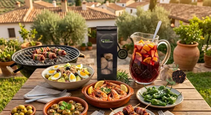 Tapas selber machen: Köstliche Garnelen, Pilze, Oliven, Spieße und Sangria auf einem Tisch im Freien mit Blick auf eine mediterrane Landschaft.