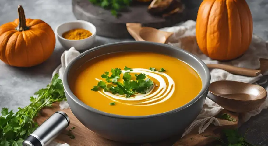 Aksamitna zupa dyniowa keto, udekorowana śmietanką i natką pietruszki, obok dyni i drewnianych łyżek.