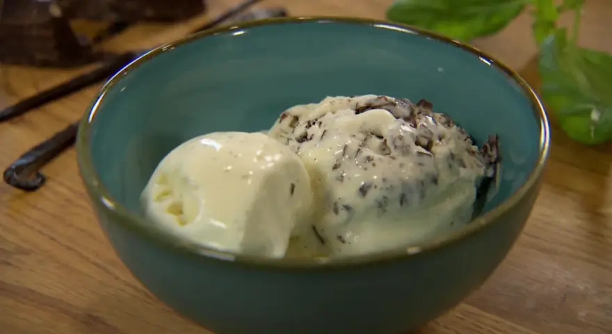 Zwei Kugeln Milcheis, eine schlicht und eine mit Schokostückchen, in einer blauen Schale. Perfekt zum milcheis selber machen mit eismaschine.