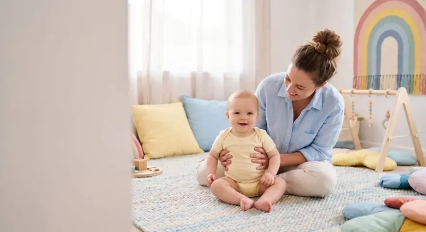 Uśmiechnięta mama wspiera dziecko, które jeszcze nie siedzi. Wspólna zabawa i ćwiczenia to klucz do rozwoju.