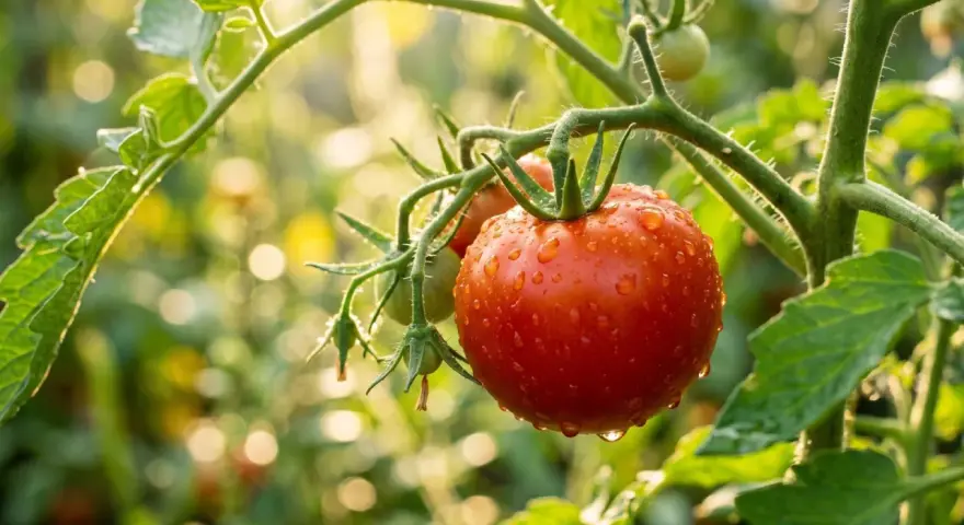 Reife Tomaten an einer Pflanze, bedeckt mit Tautropfen. Die Sonne scheint durch das Laub und beleuchtet die saftigen Früchte.