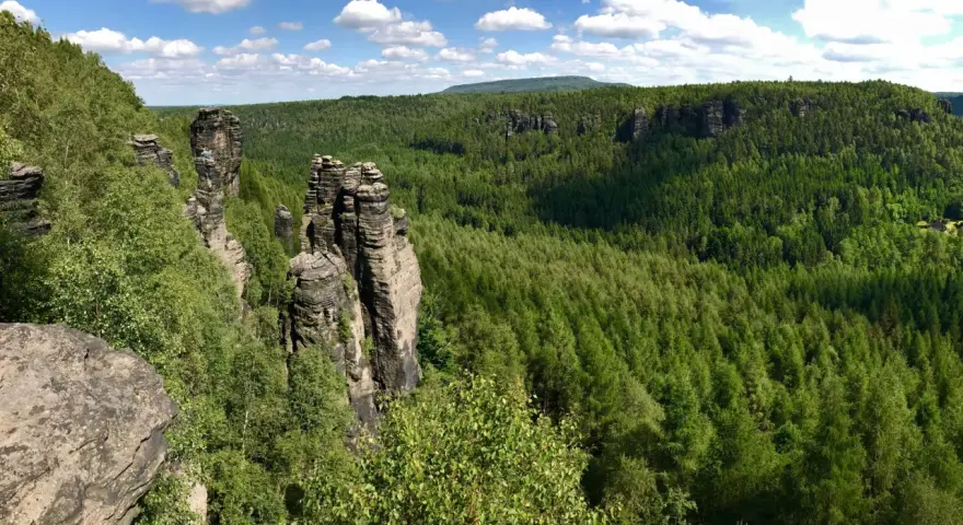 Felsformationen im Bielatal, ideal zum Wandern. Ein Wanderer genießt die Aussicht auf den dichten grünen Wald unter blauem Himmel.