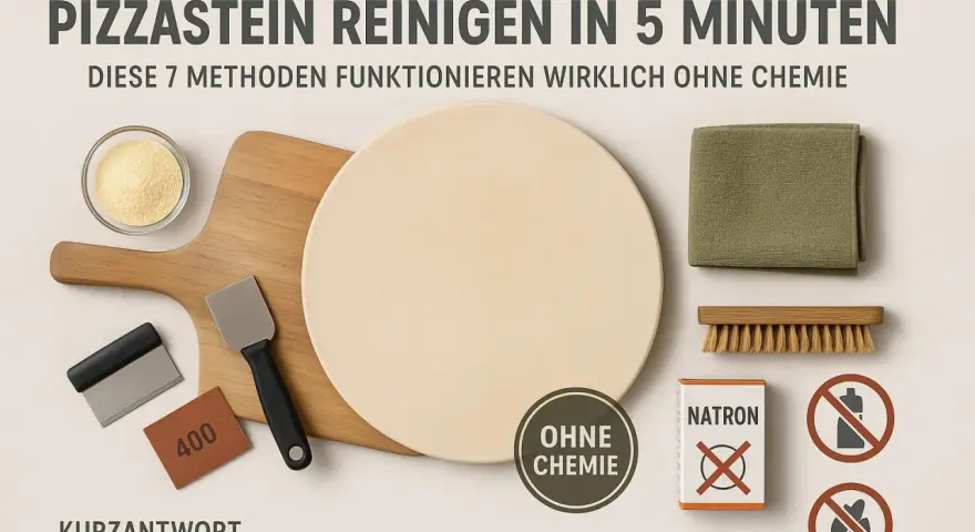 Pizzastein reinigen angebrannt? Hier sind Werkzeuge wie Bürste, Schaber, Schleifpapier und Natron für die chemiefreie Reinigung.